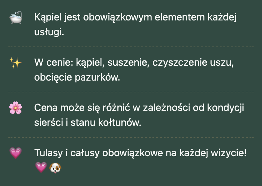 Ważne informacje o usługach Groomello: kąpiel jest obowiązkowa, w cenie są kąpiel, suszenie, czyszczenie uszu i obcięcie pazurków; cena może zależeć od kondycji sierści i kołtunów.